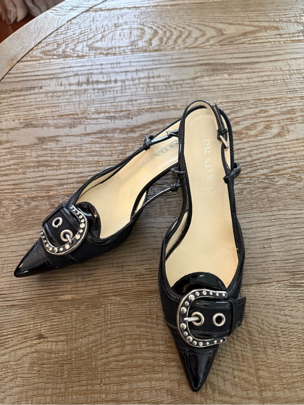 Prada Black Patent Leather Pointed Slingback Mules with Buckle - Picture 2 of 5